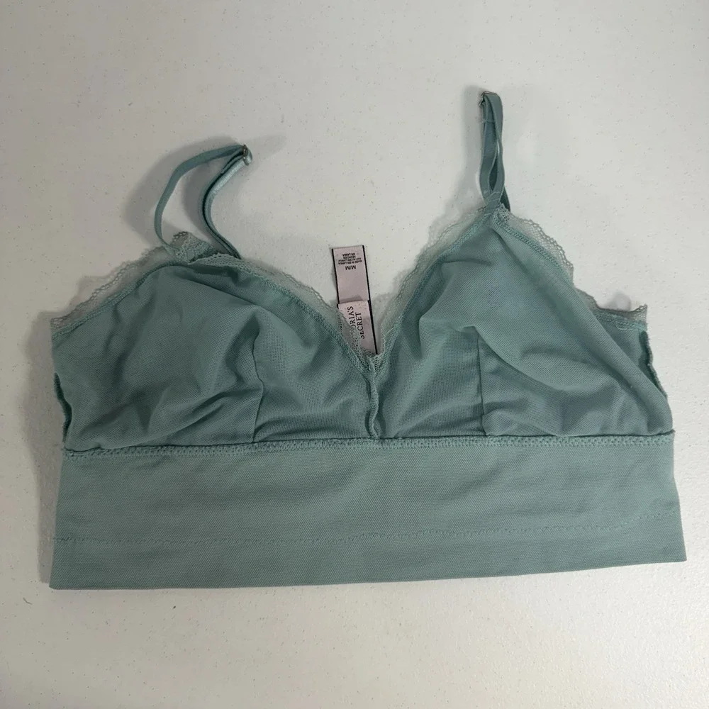 Victoria's‎ Secret M Medium Bralette Bra Light Blue Floral Lace Sheer Mesh Sexy